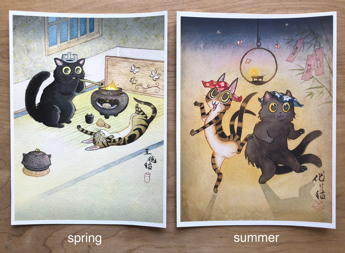 【ブラッキー】絵画 猫 Kuku 猫 絵画 黒猫 桜 アクリルガッシュ 香月和夫 「春月猫」 額付き